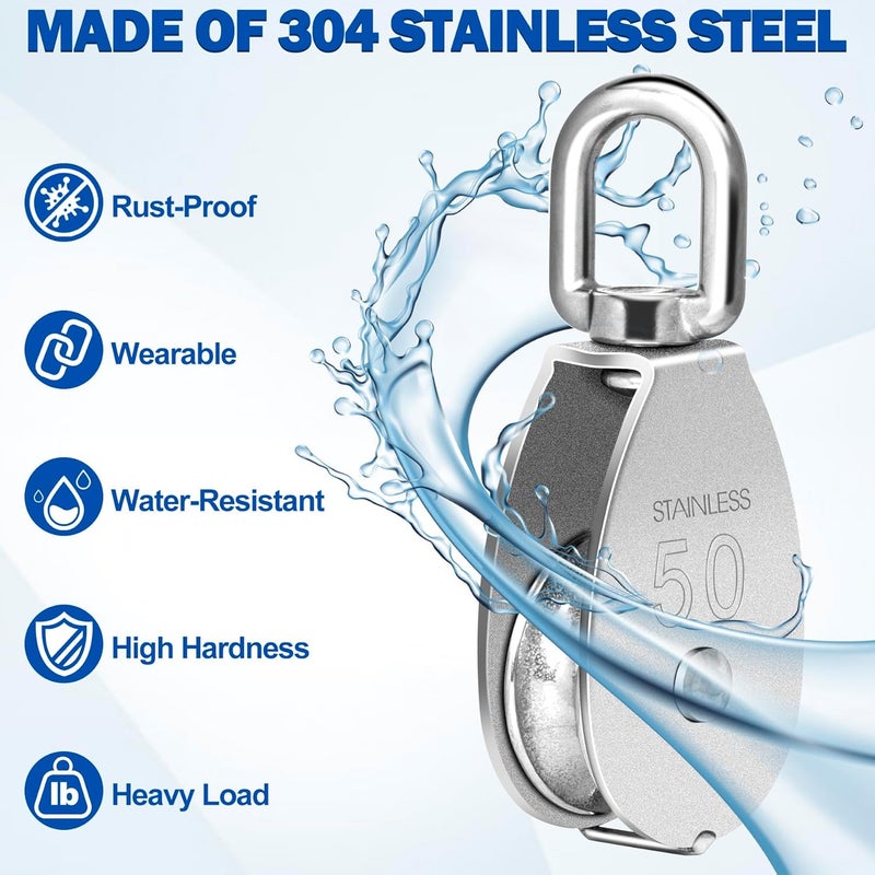 phepetroll Cable Pulley Wheel Stainless Steel, 4 Pack M50 Single Pulley Snatch Block, Heavy Duty Lifting Crane Swivel Hook, Bearing Inside Rope Pulleys for Lifting System Gym Equipment Clothesline, 800 lbs Load - Image 3